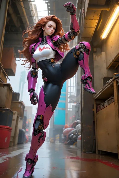 masterpiece,best quality,1girl,cyberpunk women,(straitjacket),full body,very long hair,brown-red hair,pink robotic arm,medium breasts,science fiction,solo,<lora:nijiMecha:0.4>,<lora:NijiExpressV2:0.5>,fight,blood,(combat stance),