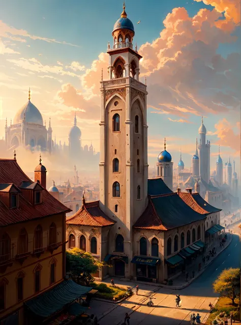 arabian city, isometric game, wide streets, market, town hall, church, tavern, magic tower, smooth 3 d illustration, cinematic matte painting, golden hour, soft render, servando lupini, handpaint texture, blender, 3 d coat, concept art by noah bradley, dar...