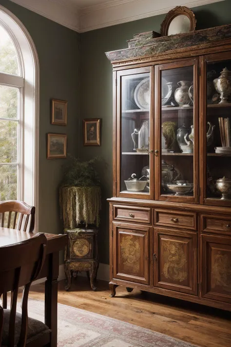 RAW photo, stylized, Callous China cabinet, detailed with Moss patterns, Iridescent patterns, Flustered, Naive Art, telephoto lens, Brown paint splotches, (art by Tristan Eaton:1.2) ,art by John Constable, absurdres, high quality,  <lora:add_detail:0.8>