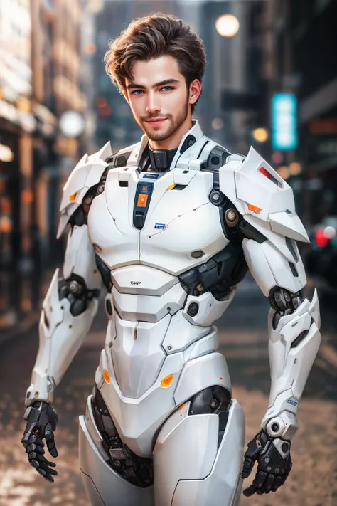 1boy, best quality, blue eyes, cowboy shot, smile, large pectorals, long legs, looking at viewer, solo, white bodysuit, narrow waist, abs, (mecha:1.2), ((masterpiece)), ((best quality:1.2)), high resolution, 8k, (ultra_realistic:1.3), (photorealistic:1.4),...