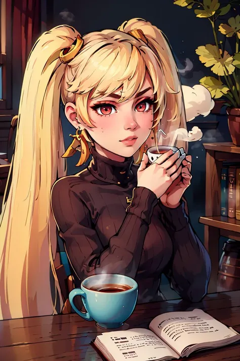 ((masterpiece,best quality)), absurdres, <lora:Layla_ML_v2:0.7>, Layla_ML,  solo, 1girl, twintails, blonde, blonde hair, long hair, very long hair, red eyes, turtleneck sweater, earrings, library, cup of steaming coffee, sitting at table