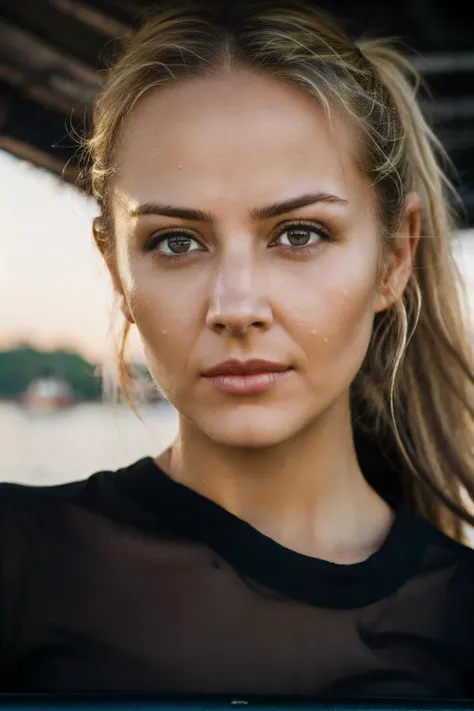 RAW, real photo portrait, ara, on a boat, (wearing a wet black t-shirt), pretty face, insanely detailed eyes, light blonde hair, high ponytail, bokeh, natural light, depth of field, golden hour, sharp focus,<lora:AmyAcker-RealVision-V1.0:1>