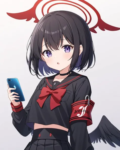 mashiro (blue archive),1girl, solo, holding_phone, halo, armband, black_skirt, looking_at_viewer, black_serafuku, pleated_skirt, long_sleeves, smartphone, open_mouth, black_shirt, red_bowtie, black_sailor_collar, cowboy_shot, black_wings, arm_behind_back, ...