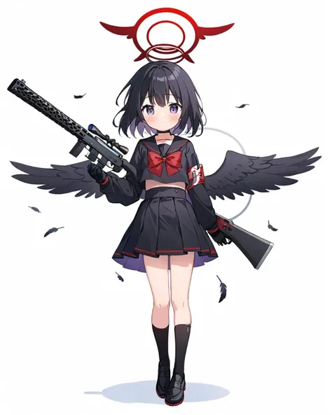 breathtaking,mashiro (blue archive),1girl, solo, looking at viewer, blush, skirt, shirt, gloves, long sleeves, white background, bow, holding, closed mouth, school uniform, full body, pleated skirt, wings, serafuku, choker, black gloves, socks, black skirt...