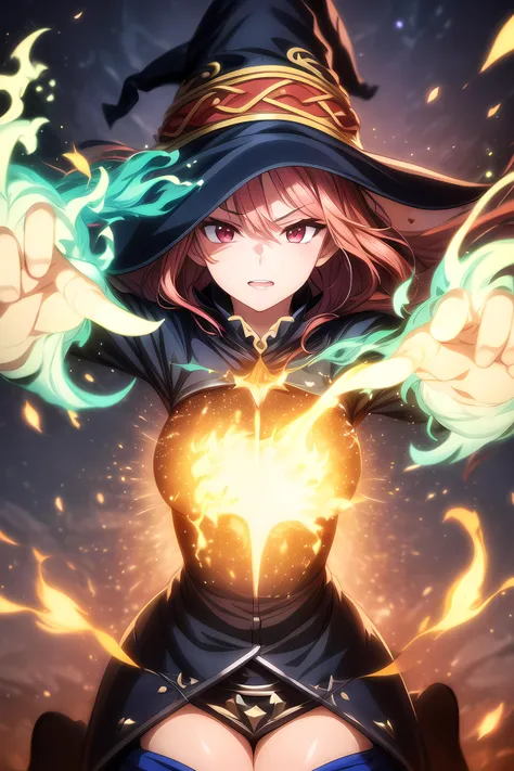 (anime screencap:1.2) , (highres, best quality:1.2), volumetric lightning, intricate details, vibrant image, sharpness, colorful, masterpiece, 4k, 8k, 1girl, sexy girl, witch, close mouth, (fire particles:1.4), breast, cleavage, magic stick, outdoor, witch...