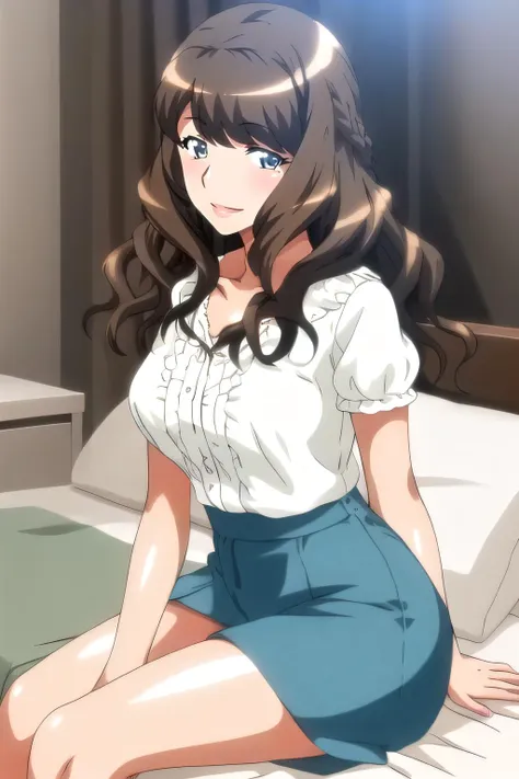 anime girl sitting on a bed with her legs crossed