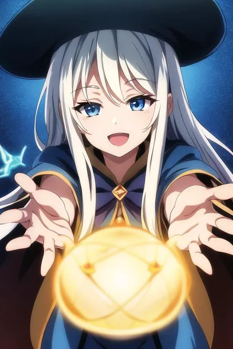 anime screencap, 1girl, mage, fantasy, nature, big blue magic hat, long blue cape, big wand, magic, casting a spell, yellow spell, warm colours, very detailed outfit, long hair, white hair, silky hair, blue eyes, excited look, smile, open mouth, eyes shine...