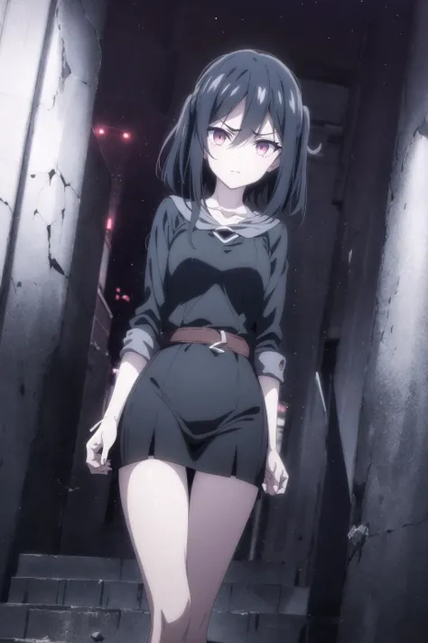 anime girl in short skirt walking down a dark alley way