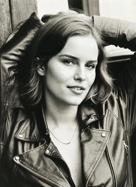 photo of sks woman, natural lighting, by Dorothea Lange, Leather jacket and skinny jeans <lora:locon_bridgetmendler_v1_from_v1_64_32:1>