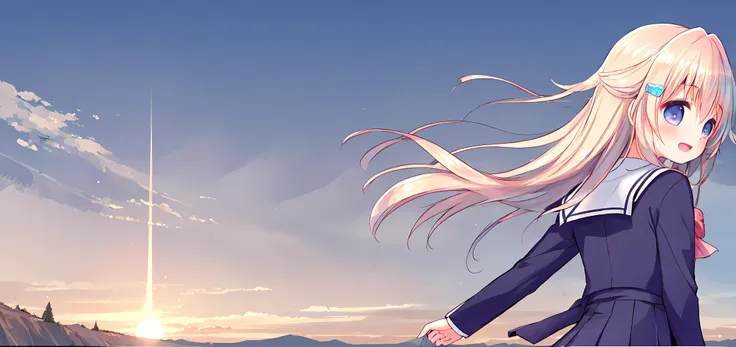 anime girl with long blonde hair walking on a beach at sunset