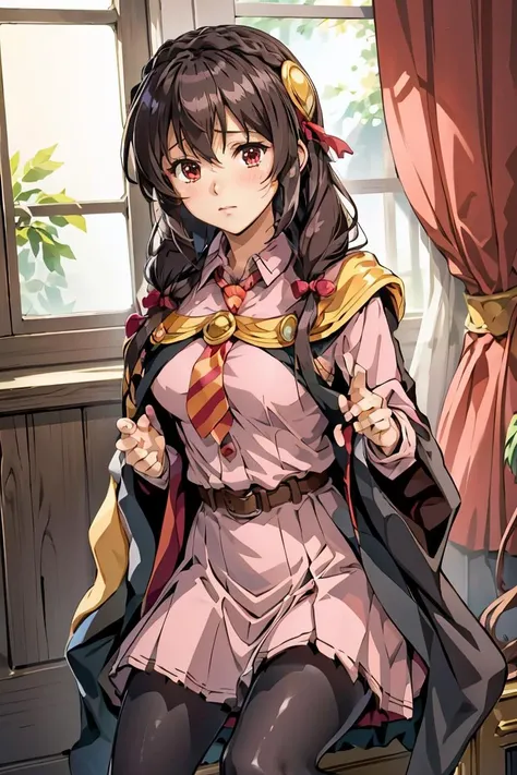 (masterpiece, best quality), 1girl,    <lora:yunyun_(konosuba):1>  bbyunyun,long hair,braid,twintails,hair between eyes,hair bow,hair ornament,large breasts,(cape:1.2),necktie,shirt,pink shirt,long sleeves,belt,pink skirt,pantyhose,loafers,brown footwear