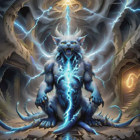 ((best quality)), ((masterpiece)), ((realistic)), (detailed),DonMDj1nnM4g1cXL Enormous Mysterious Subterranean Whimsical Asymmetrical, Quadrupedal Octomanual in lightning, Multi-Jointed Appendages, Quadrifurcated-Tailed Bushy-Tailed, Icy Scales,     Herrin...