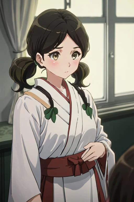 best quality, masterpiece, highres, solo, {white kimono:1.35}, {red hakama:1.35}, {wide sleeves:1.20}, {ogasawara_haruka_soundeuphonium:1.15}, brown_hair, twintails, serafuku, blush, brown_eyes, yellow_eyes, black_hair