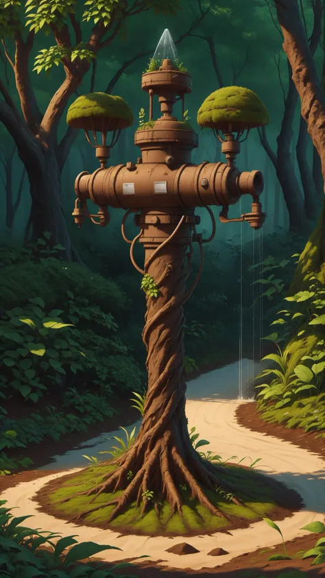 painting of a fire hydrant in the middle of a forest