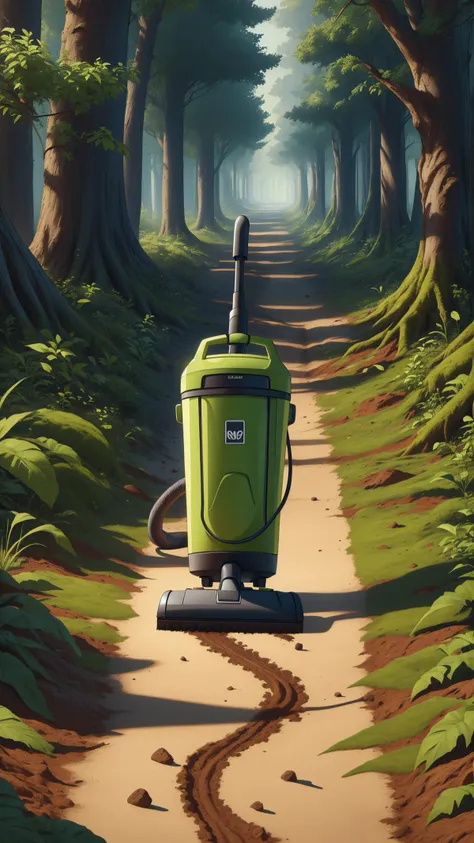 a close up of a vacuum cleaner on a dirt road in a forest