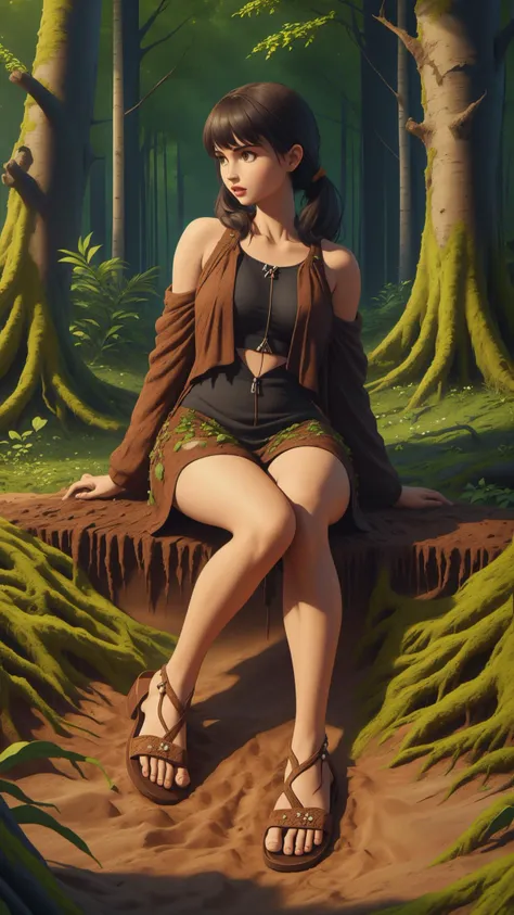 a woman sitting on a tree stump in the woods