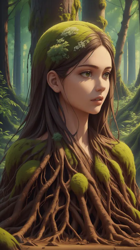 a woman with a green hat and mossy hair in the woods