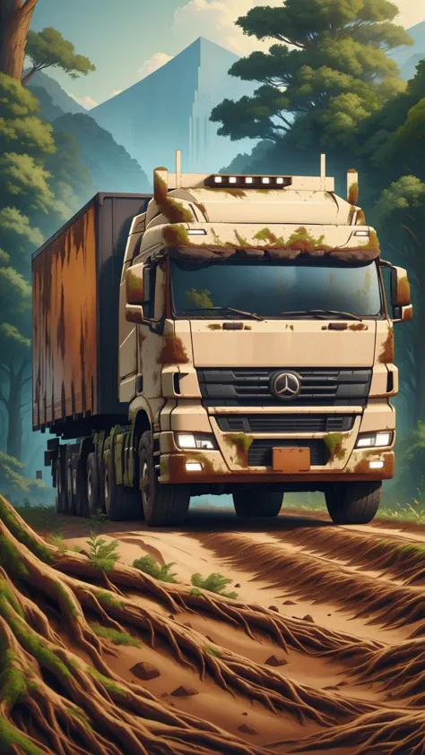 araf truck driving on a dirt road through a forest