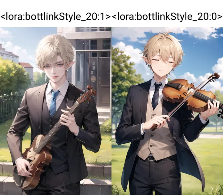 1boy, male focus, instrument, violin, closed eyes, pointy ears, solo, formal, music, playing instrument, necktie, suit, blonde hair, blue necktie, link, holding, pants, outdoors, hair between eyes, brown hair, holding instrument, alternate costume, jacket,...