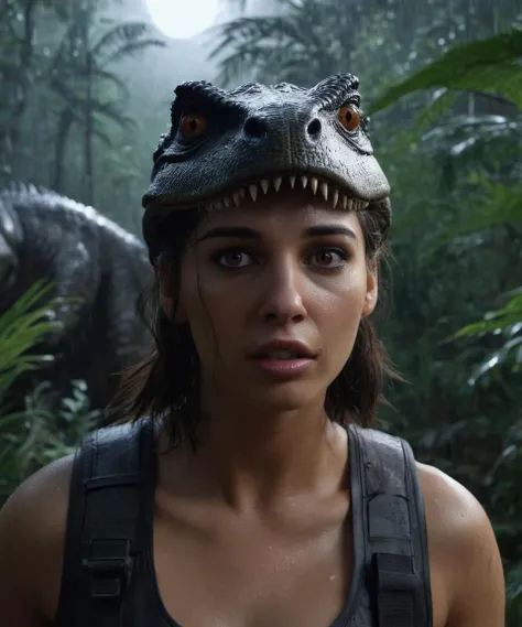 cinematic film still,head and shoulders portrait,beautiful woman in the jungle hiding from Tyrannosaurus,scared,looking at viewer,an enormous Tyrannosaurus is searching for hiding woman,holding high powered rifle,wearing tatical gear,dark and stormy night,...