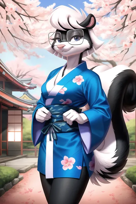 e621, (female:1.2) (anthro sabrina:1.2), skunk girl, (tail:1.5), leg, black eyes, glasses,  (japanese woodprint ukiyo-e style:1.2), medium breasts, (blue japanese kimono:1.3), pattern shirt, blue t-shirt, detailed female face, detailed eyes, sakura blossom...