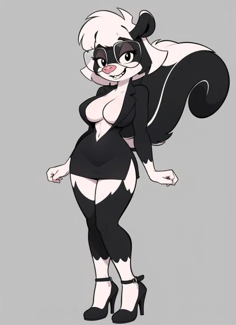 furry female anthro, skunk girl, black eyes, glasses, solo, body fur, (best quality), looking at viewer, grin,
flat colors, full body, high heels, miniskirt,
(large breasts:1.0), <lora:sabrina-v1:0.9> sabrina,