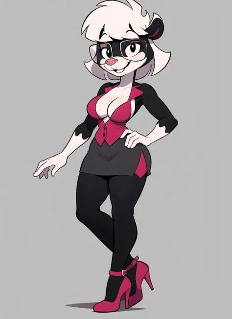 furry female anthro, skunk girl, black eyes, glasses, solo, body fur, (best quality), (simple background:1.2), looking at viewer, grin,
flat colors, full body, high heels, miniskirt,
(large breasts:1.0), <lora:sabrina-v1:0.9> sabrina,