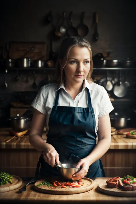 woman in apron preparing pizza in kitchen with wooden counter top