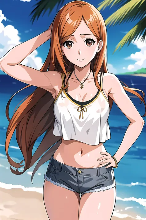 masterpiece, best quality, portrait of orihime inoue in her 20s, solo, brown eyes, gray crop top, denim shorts, jewelry, perfect...