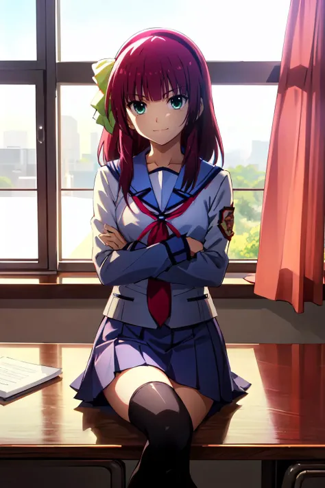 <lora:yuri-angelbeats-01:0.8> yuri nakamura, neckerchief, school uniform, shinda sekai sensen uniform, thighhighs, school, desk, crossed legs, sitting, evil smile, crossed arms,, ultra detailed, masterpiece, best quality, aesthetic, detailed,