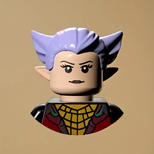 a close up of a lego figure with a purple hair