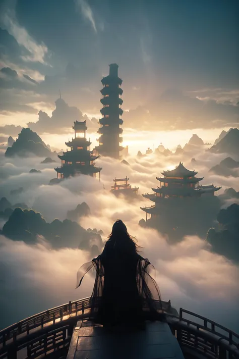 a woman sitting on a ledge looking at a city in the clouds