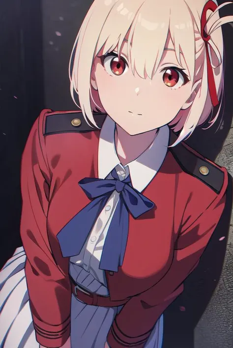 chisatonishikigi, <lyco:chisatonishikigi-LYCORIStest:1>, 
nishikigi chisato, short hair, bangs, blonde hair, (red eyes:1.5), hair ribbon, one side up, bob cut,
BREAK shirt, long sleeves, dress, ribbon, white shirt, collared shirt, belt, neck ribbon, red dr...