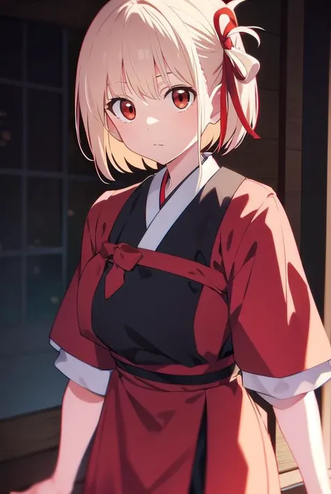 chisatonishikigi, <lyco:chisatonishikigi-LYCORIStest:1>, 
nishikigi chisato, short hair, bangs, blonde hair, (red eyes:1.5), hair ribbon, one side up, bob cut,
BREAK japanese clothes, kimono, apron, red ribbon, waitress, red kimono,
BREAK indoors,
BREAK lo...