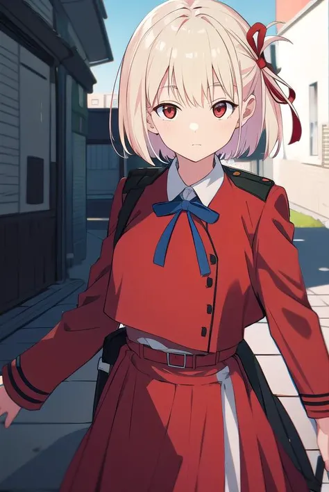 chisatonishikigi, <lyco:chisatonishikigi-LYCORIStest:1>, 
nishikigi chisato, short hair, bangs, blonde hair, (red eyes:1.5), hair ribbon, one side up, bob cut,
BREAK shirt, long sleeves, dress, ribbon, white shirt, collared shirt, belt, neck ribbon, red dr...