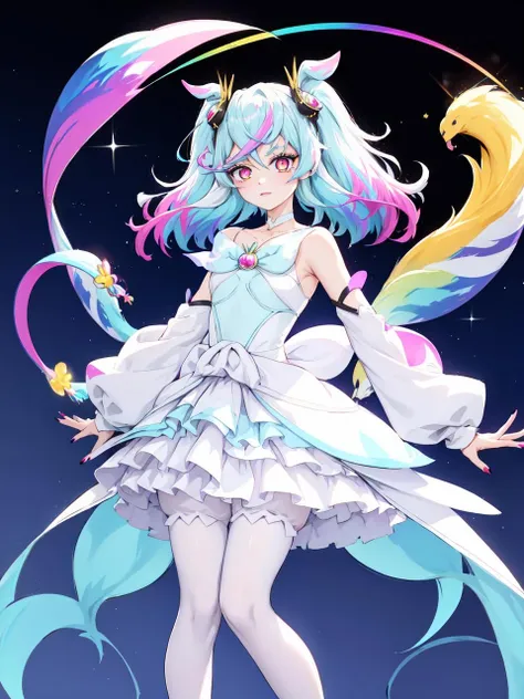 a girl in a white dress with a blue tail and a rainbow tail