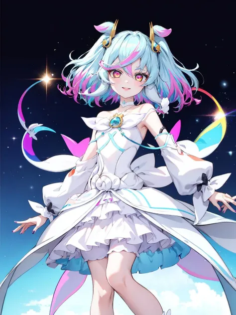 a girl in a white dress with blue hair and a long tail