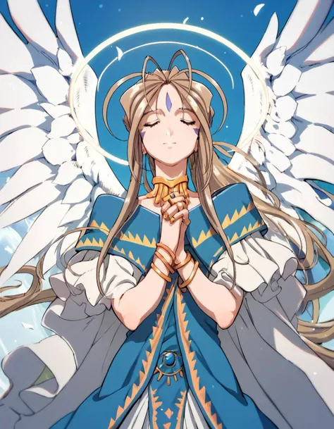 a woman with long hair and angel wings standing in front of a blue sky