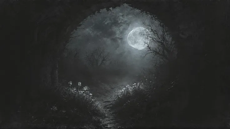 a dark forest with a full moon and a path through it