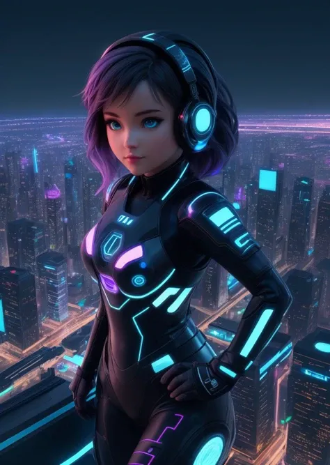 over a city at night, holographic, sci-fi girl, futuristic, tron, cinematic, photorealistic, hyper realistic, RAW photo, intricate details