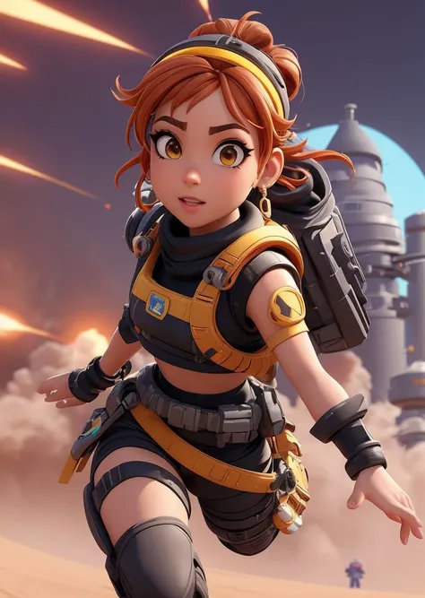 a render, middle eastern girl, Ginger head, run, Malice , chemistry factory background, (apexlegends_style:1.0) apexlegends_style,