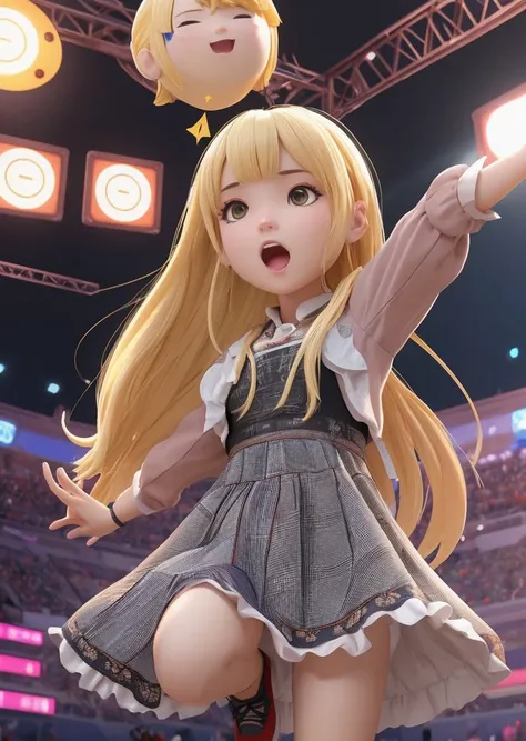 game scene, eurasian girl, Blond head, singing, Panic