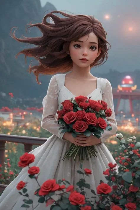 (masterpiece), (realistic), 8k, RAW photo, very wide shot, octane render, unreal engine, volumetrics dtx, (film grain, bokeh, blurry foreground) with a large bouquet of red roses for the entire frame, on the bridge of a spaceship, weightlessness, objects f...