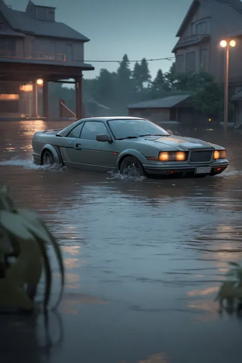 (masterpiece), (realistic), 8k, RAW photo, very wide shot, octane render, unreal engine, volumetrics dtx, (film grain, bokeh, blurry foreground) A place taken by a flood with everyday objects floating and cars submerged in the water as game Doom scene