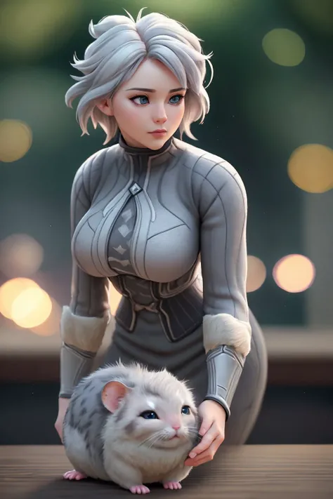 nordic woman 25yo, Gray-haired head, crushes, Interest, <lora:FelineDNA-30:0.9>, (felinedna:0.8) hamster,, (masterpiece), (realistic), 8k, RAW photo, very wide shot, octane render, unreal engine, volumetrics dtx, (film grain, bokeh, blurry foreground)