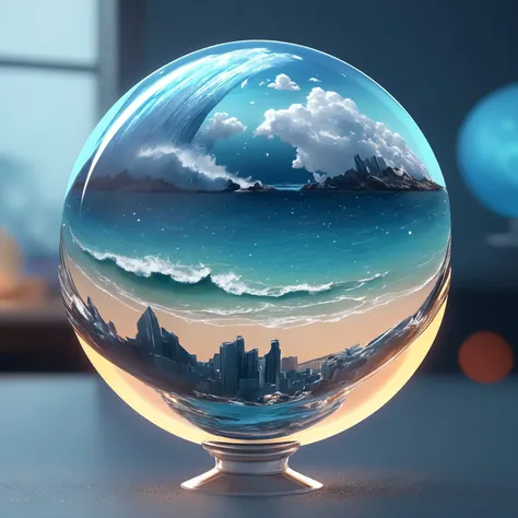 The worlds oceans in a glass ball on a desk in the office, storm, (masterpiece), (realistic), 8k, RAW photo, very wide shot, octane render, unreal engine, volumetrics dtx, (film grain, bokeh, blurry foreground)