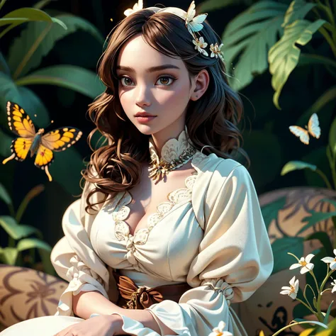 middle eastern woman 25yo, Light brown head, a fall, surprised fear, ,solo,portrait,sit,(looking at viewer),renaissance,flower,white dress,plant,simple background, <lora:tiger_v01_02:1> animalstyle, (a woman holding a huge butterfly),, (masterpiece), (real...