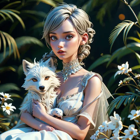 eurasian woman 25yo, Gray-haired head, speak, Sadness, middle eastern woman 25yo, Gray-haired head, fights, Horror, ,solo, portrait, sit,(looking at viewer), renaissance, flower, white dress, plant, simple background, <lora:tiger_v01_02:1> animalstyle, (a ...