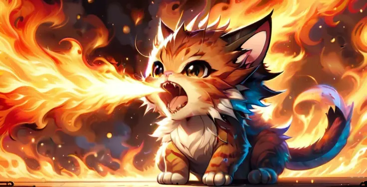 a close up of a cat with a fire in the background