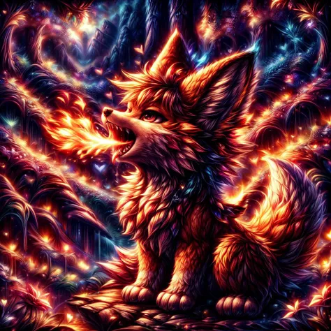 ValentineNatureStyle, heart shaped flowers backround,outdoors,sky,masterpiece,absurd resolution,,(Best quality:1.2), highres, heart shaped nature(scenary:1.2),cute small fluffy fox , breathing fire,detailed sharp teeth, blowing out fire trought mouth,small...